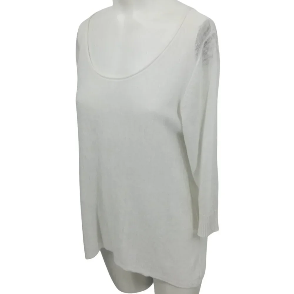 Eileen Fisher White Linen Blend 3/4 Sleeve Loose Knit Sweater Size M Petite